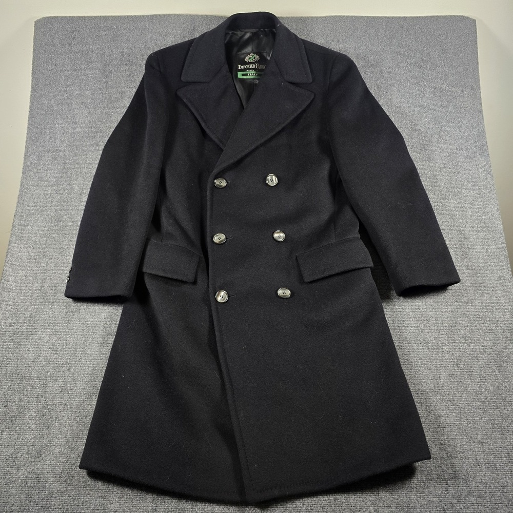 Vintage Union Made Black Wool Blend Double Breasted Long Peacoat Made in Italy